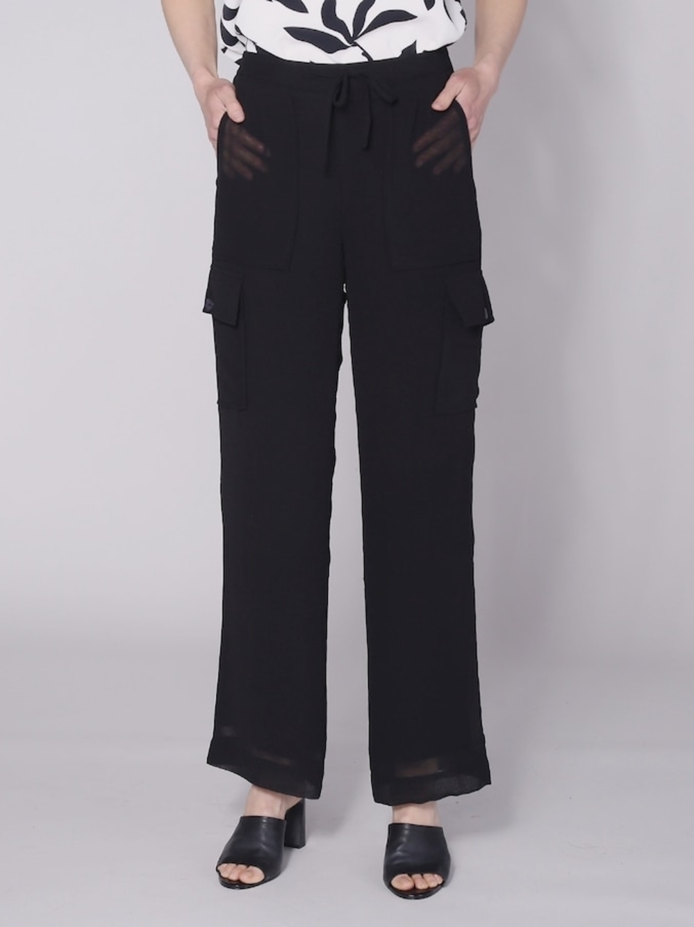NEW Wynne Layers Wide-Leg Black Chiffon Cargo Pants with Drawstring Waist L